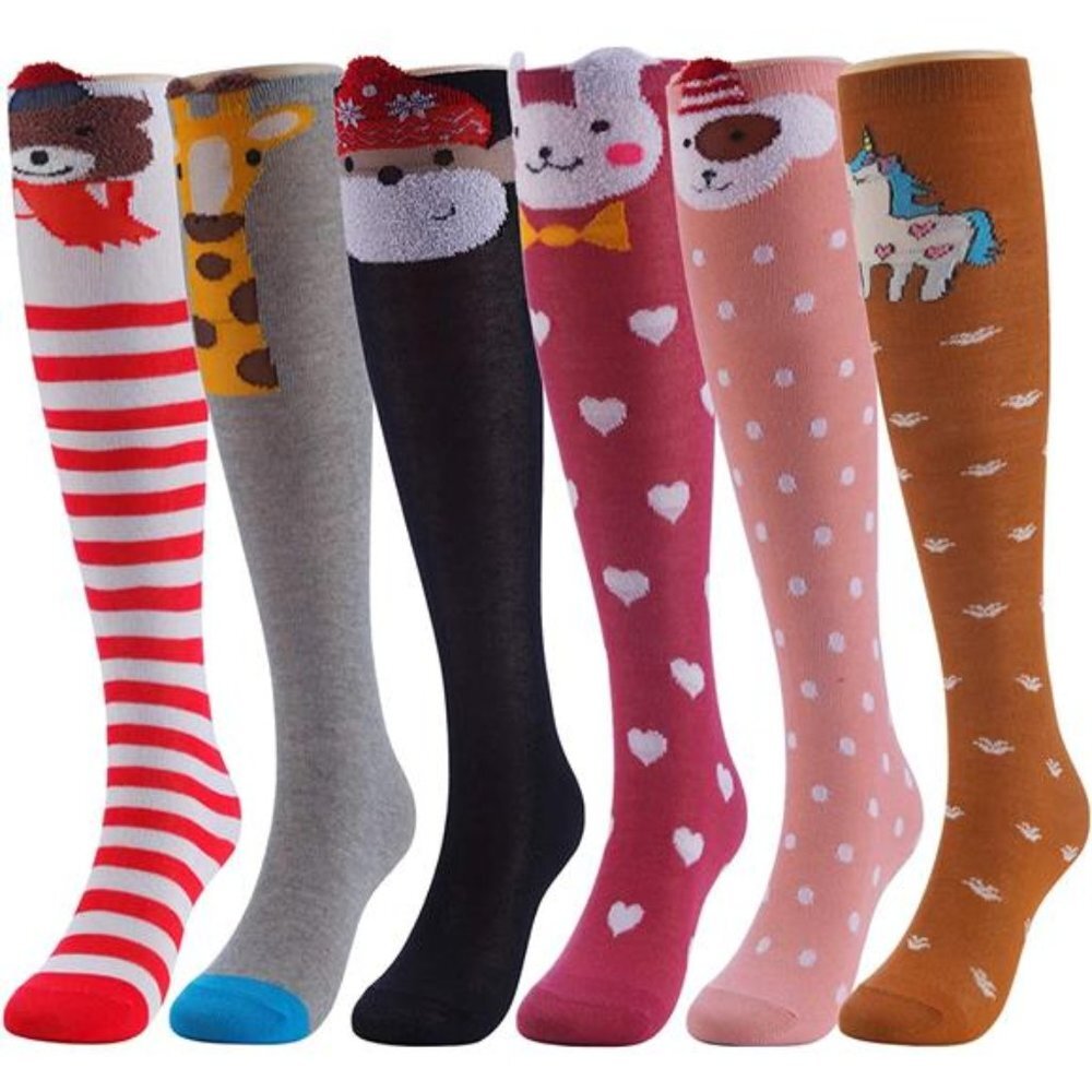 6 Pairs Kids Girls Knee High Cartoon Pattern Animal Long Boot Socks